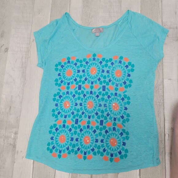 JCP Turquoise Short Sleeve 100% Linen Womens Top Geometric Floral Print Size M - Picture 4 of 9